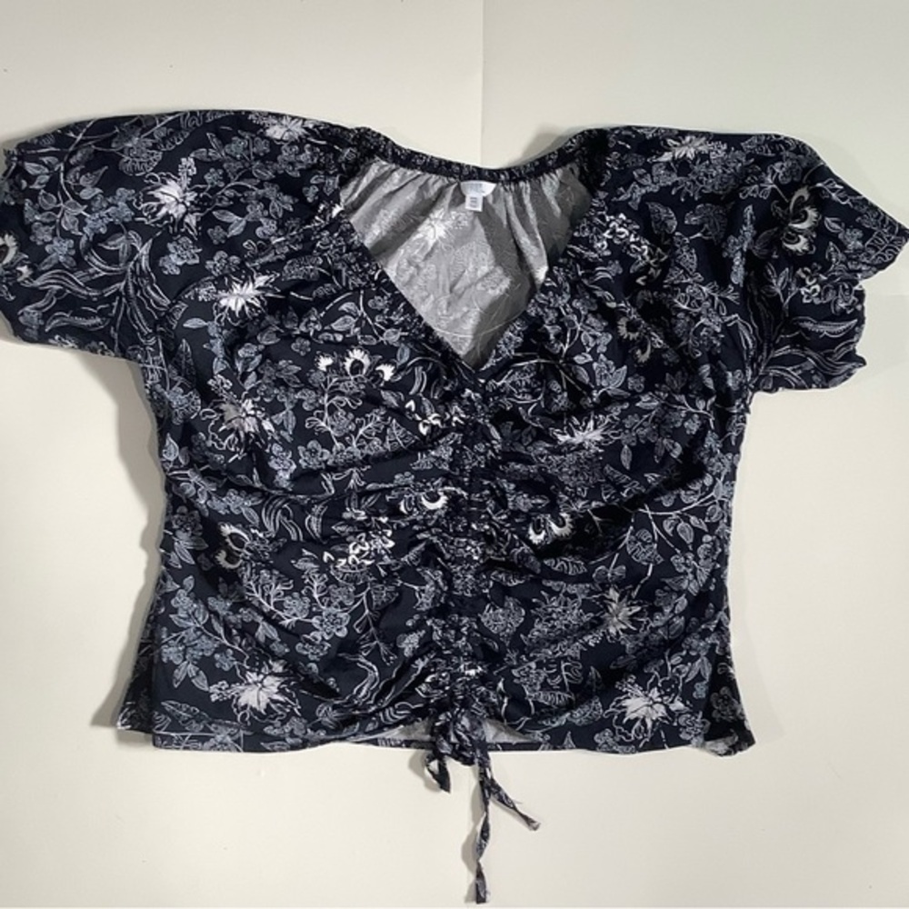 Time and Tru Blue and White Ruched Tie Front Blouse - Picture 2 of 7